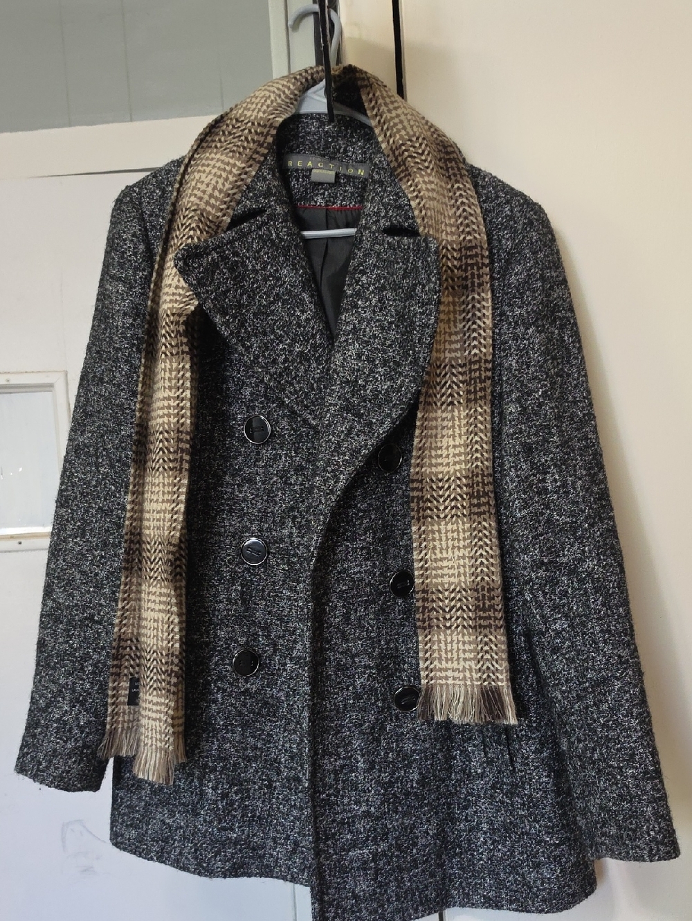 Kenneth Cole Reaction Black and Gray Tweed Double-Breasted Peacoat